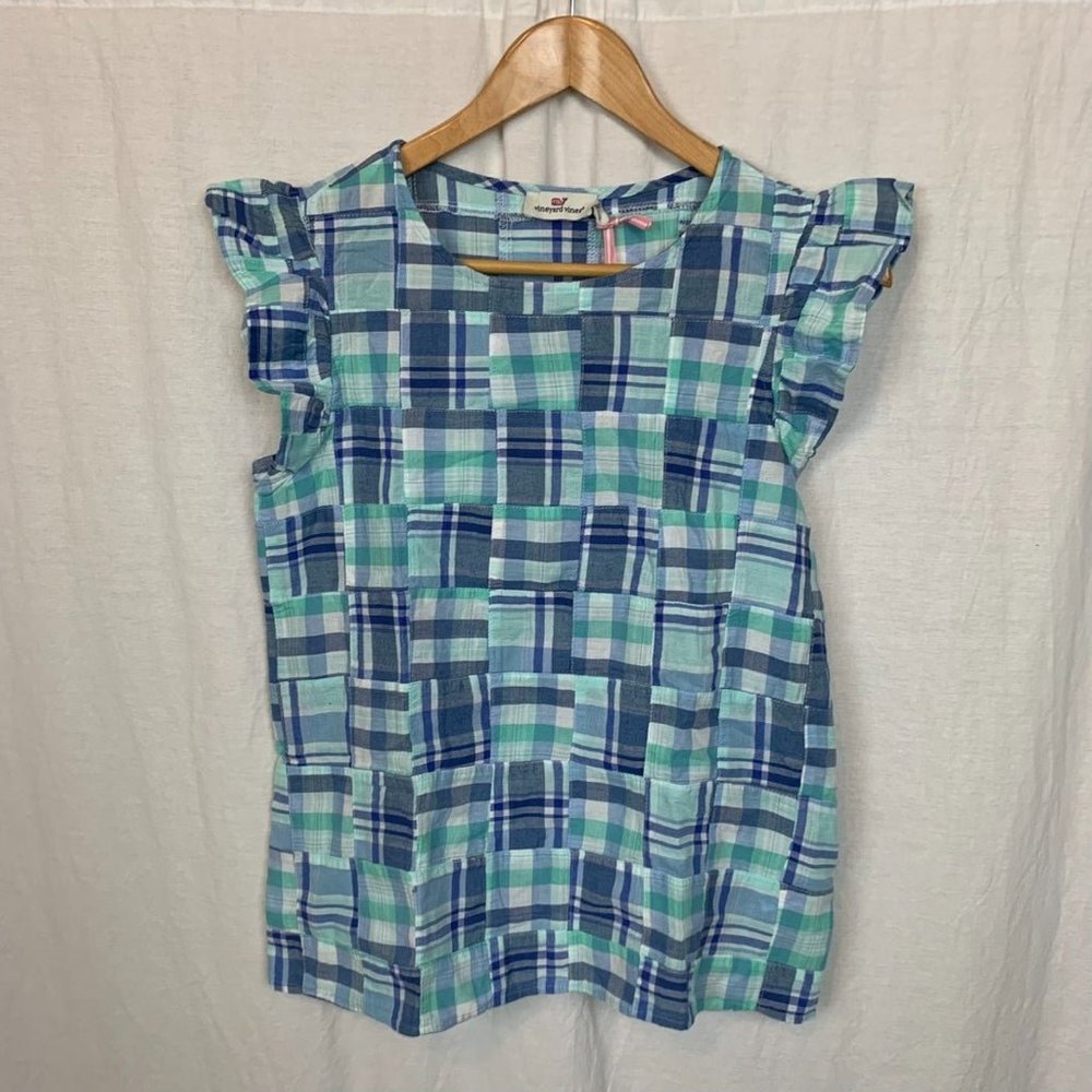 Vineyard Vines Women's Madras Patchwork Ruffle Sleeve Top in Crystal Blue